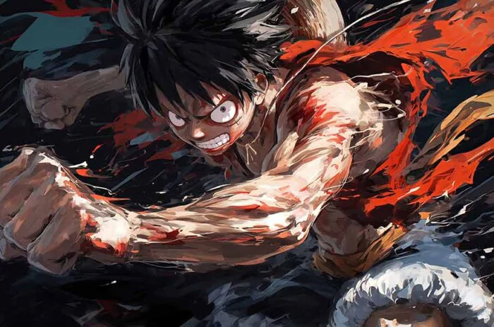 Monkey D. Luffy One Piece wallpaper 4K featuring intense combat scene with explosive red battle effects ultra HD background anime for pc & mobile phone