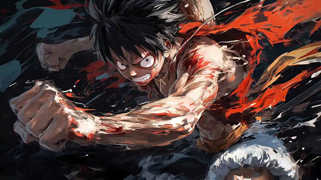 Monkey D. Luffy One Piece fond d'écran 4K avec scène de combat intense avec effets de combat rouge explosif fond d'écran ultra HD anime pour pc & téléphone portable