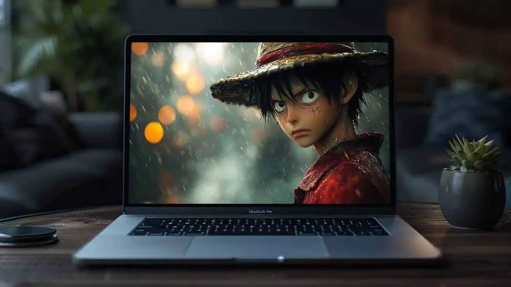 Fond d'écran réaliste One Piece Luffy D Monkey sous la pluie avec un chapeau de paille, art photoréaliste 4K avec effets bokeh Téléchargement gratuit pour ordinateur portable