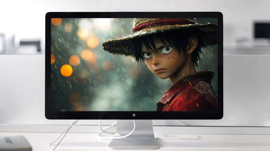 Fond d'écran réaliste One Piece Luffy D Monkey sous la pluie avec un chapeau de paille, art photoréaliste 4K avec effets bokeh Téléchargement gratuit pour ordinateur de bureau