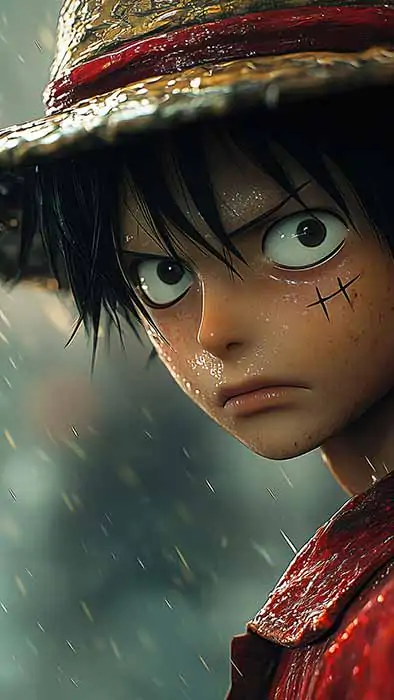 Fond d'écran réaliste One Piece Luffy D Monkey sous la pluie avec un chapeau de paille, art photoréaliste 4K avec effets bokeh Téléchargement gratuit pour téléphone