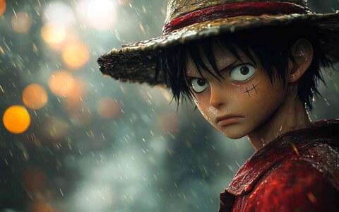 Fond d'écran réaliste One Piece Luffy D Monkey sous la pluie avec un chapeau de paille, art photoréaliste 4K avec effets bokeh Téléchargement gratuit