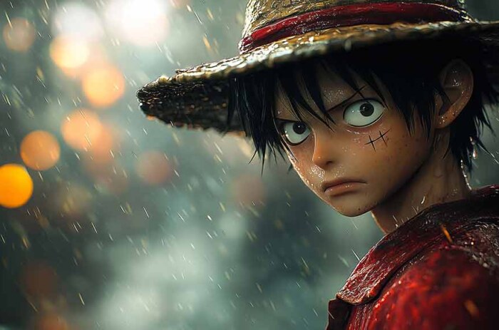 Fond d'écran réaliste One Piece Luffy D Monkey sous la pluie avec un chapeau de paille, art photoréaliste 4K avec effets bokeh Téléchargement gratuit