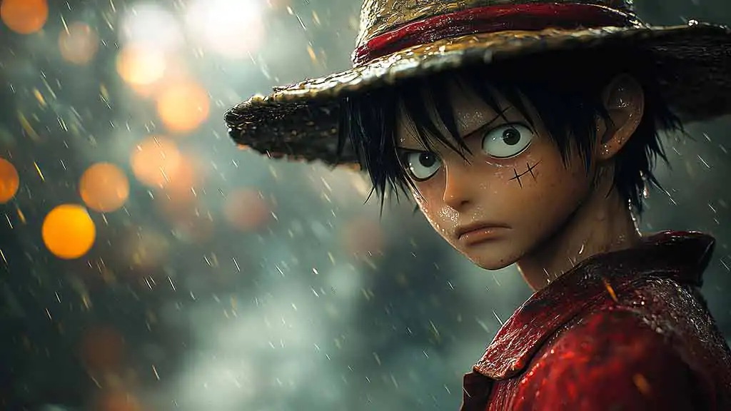 Fond d'écran de scène d'attaque dynamique One Piece Luffy 4K avec effets de feu et énergie explosive dans un style d'art anime ultra HD téléchargement gratuit pour téléphone mobile et iPhone