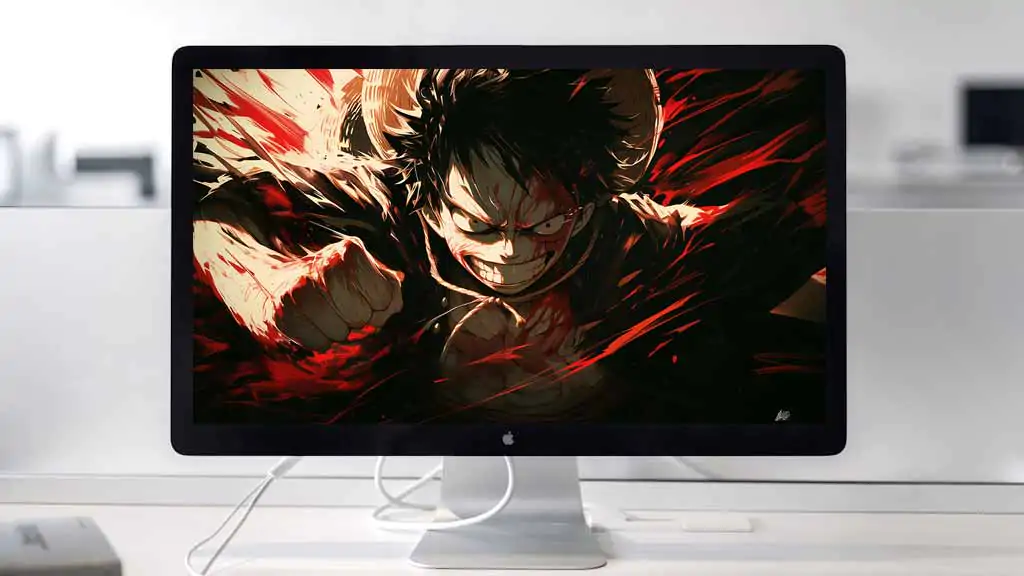 Fond d'écran 4K de Monkey D. Luffy One Piece avec attaque de poing dynamique et sourire féroce de combat, arrière-plan Ultra HD anime pour PC et téléphone portable, téléchargement gratuit