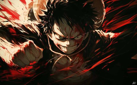 Fond d'écran 4K de Monkey D. Luffy One Piece avec attaque de poing dynamique et sourire féroce de combat, arrière-plan Ultra HD anime pour PC et téléphone portable, téléchargement gratuit