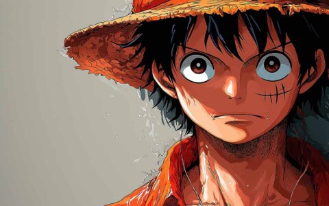 Fond d'écran 4K minimaliste de Monkey D. Luffy de One Piece avec son chapeau de paille iconique et ses yeux expressifs, arrière-plan anime ultra HD pour PC et téléphone portable, téléchargement gratuit