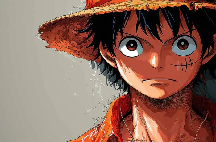 Fond d'écran 4K minimaliste de Monkey D. Luffy de One Piece avec son chapeau de paille iconique et ses yeux expressifs, arrière-plan anime ultra HD pour PC et téléphone portable, téléchargement gratuit