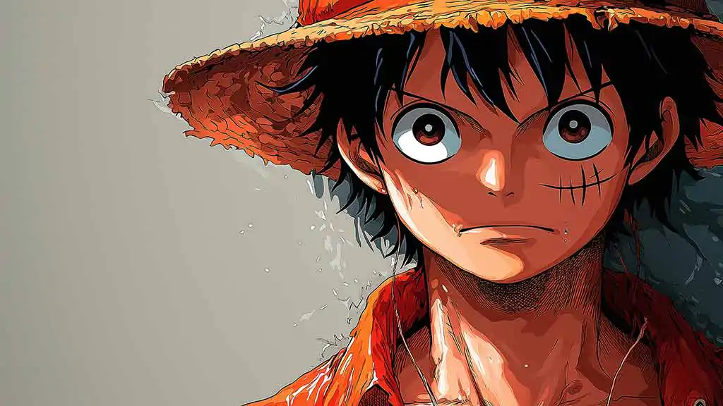 Fond d'écran 4K minimaliste de Monkey D. Luffy de One Piece avec son chapeau de paille iconique et ses yeux expressifs, arrière-plan anime ultra HD pour PC et téléphone portable, téléchargement gratuit