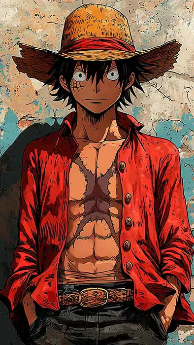 Monkey D. Luffy artistic anime wallpaper 4k with straw hat against wall background, One Piece HD wall art for Pc & mobile phone free download