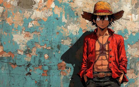 Fond d'écran animé artistique Monkey D. Luffy 4k avec chapeau de paille sur fond de mur, art mural HD One Piece pour PC et téléphone portable téléchargement gratuit
