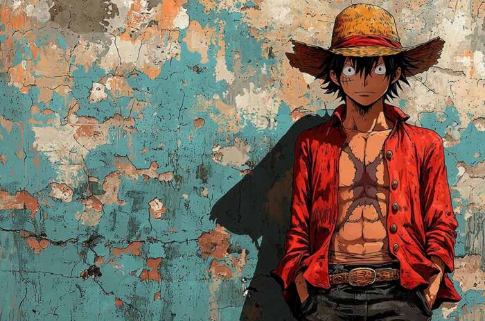 Fond d'écran animé artistique Monkey D. Luffy 4k avec chapeau de paille sur fond de mur, art mural HD One Piece pour PC et téléphone portable téléchargement gratuit