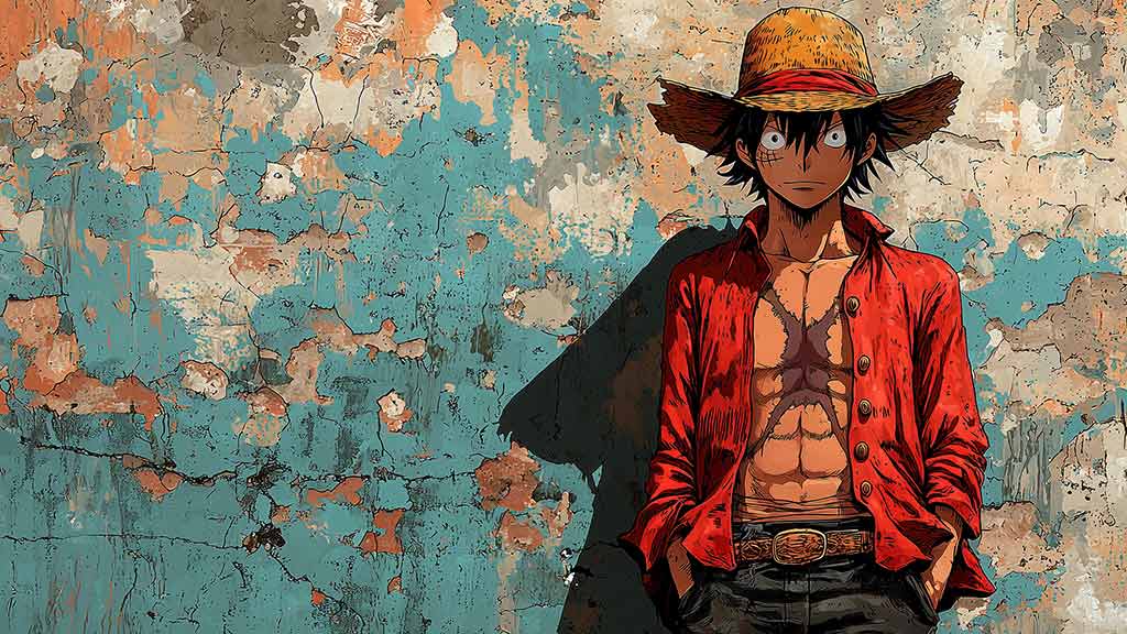 Fond d'écran animé artistique Monkey D. Luffy 4k avec chapeau de paille sur fond de mur, art mural HD One Piece pour PC et téléphone portable téléchargement gratuit