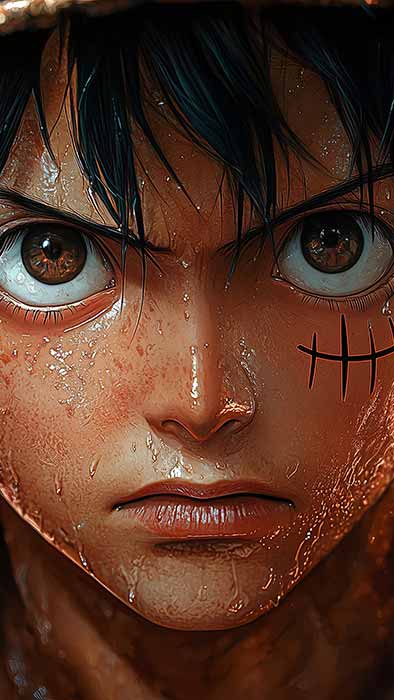 Free Hyper-realistic Monkey D. Luffy close-up portrait wallpaper 4k with rain effect and straw hat, One Piece photorealistic style Ultra HD background for Pc & mobile phone