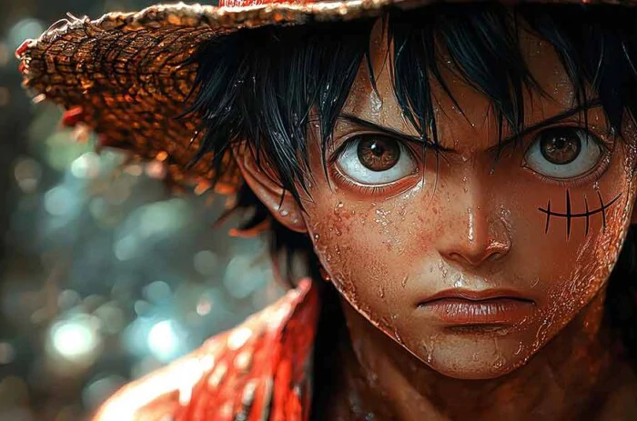 Free Hyper-realistic Monkey D. Luffy close-up portrait wallpaper 4k with rain effect and straw hat, One Piece photorealistic style Ultra HD background for Pc & mobile phone