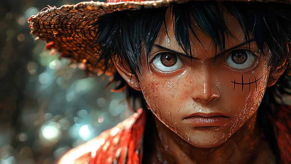 Free Hyper-realistic Monkey D. Luffy close-up portrait wallpaper 4k with rain effect and straw hat, One Piece photorealistic style Ultra HD background for Pc & mobile phone