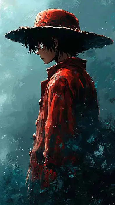 Free Artistic Monkey D. Luffy side profile wallpaper 4k with red coat against turquoise stormy sky, One Piece watercolor style art HD background for pc & Mobile phone