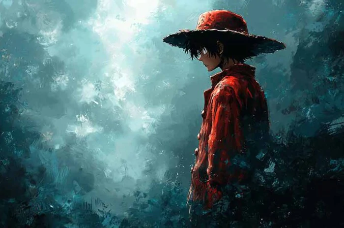 Fond d'écran Artistique Monkey D. Luffy profil latéral 4k avec manteau rouge sur ciel d'orage turquoise, One Piece style aquarelle fond d'écran HD pour pc & Mobile phone