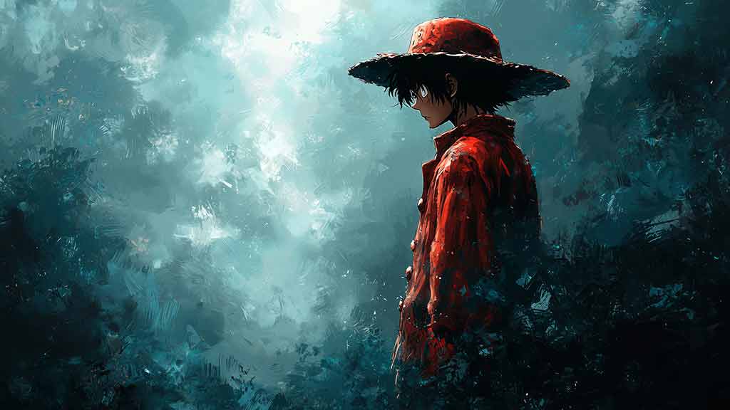 Fond d'écran Artistique Monkey D. Luffy profil latéral 4k avec manteau rouge sur ciel d'orage turquoise, One Piece style aquarelle fond d'écran HD pour pc & Mobile phone