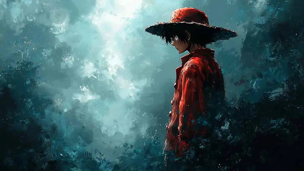 Free Artistic Monkey D. Luffy side profile wallpaper 4k with red coat against turquoise stormy sky, One Piece watercolor style art HD background for pc & Mobile phone