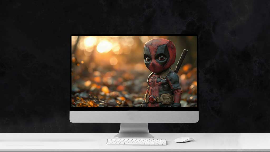 Fond d'écran Chibi Deadpool en 4K Ultra HD avec le mignon bébé Wade Wilson dans son costume rouge et noir avec un arrière-plan de forêt d'automne. Parfait pour le bureau.