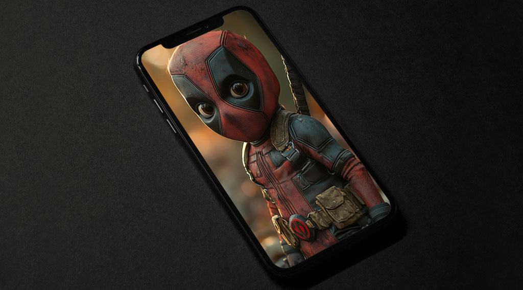 Fond d'écran Chibi Deadpool en 4K Ultra HD avec le mignon bébé Wade Wilson dans son costume rouge et noir avec un arrière-plan de forêt d'automne. Parfait pour téléphone et iPhone