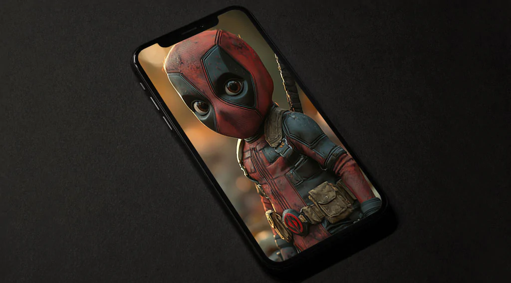 Chibi Deadpool wallpaper in 4K Ultra HD cute baby Wade Wilson in his red and black suit with an autumn forest backdrop. Perfect for phone and iphone