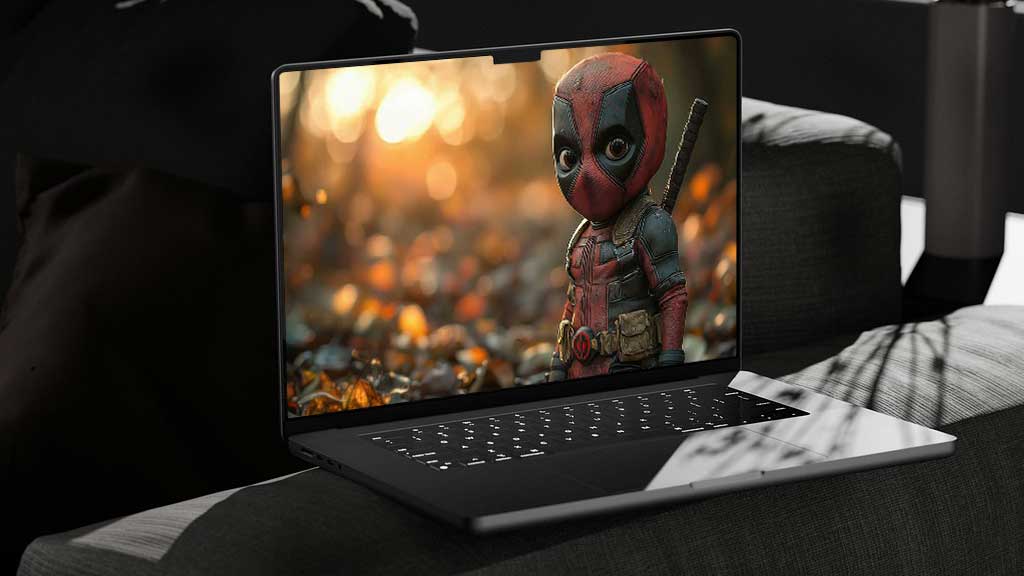Fond d'écran Chibi Deadpool en 4K Ultra HD avec le mignon bébé Wade Wilson dans son costume rouge et noir avec en arrière-plan une forêt d'automne. Parfait pour ordinateur portable