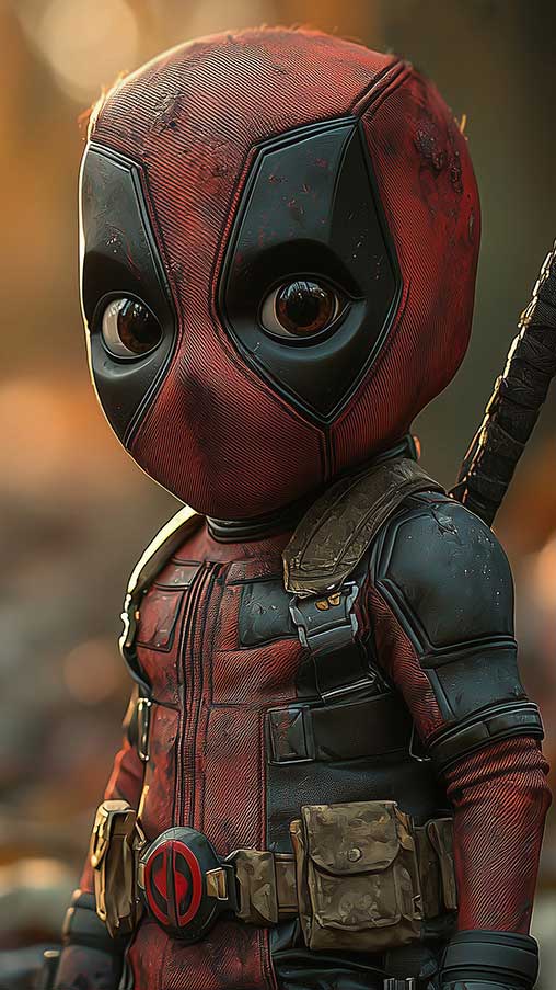 Fond d'écran Chibi Deadpool en 4K Ultra HD avec le mignon bébé Wade Wilson dans son costume rouge et noir avec un arrière-plan de forêt d'automne. Parfait pour téléphone et iPhone