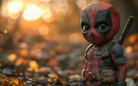 Fond d'écran Chibi Deadpool en 4K Ultra HD montrant un adorable bébé Wade Wilson dans son costume rouge et noir avec un décor de forêt automnale. Parfait pour tous les appareils.