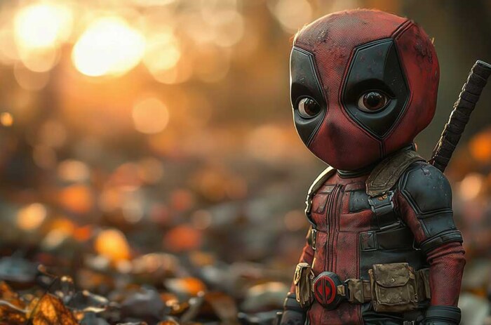 Fond d'écran Chibi Deadpool en 4K Ultra HD montrant un adorable bébé Wade Wilson dans son costume rouge et noir avec un décor de forêt automnale. Parfait pour tous les appareils.