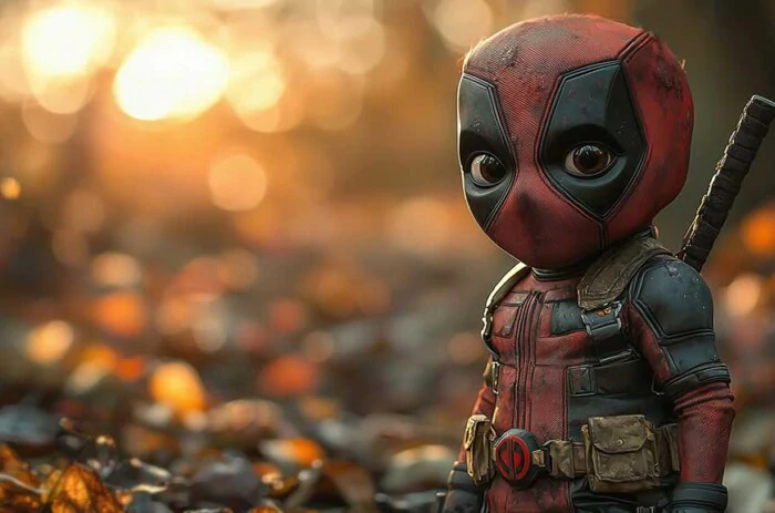 Chibi Deadpool wallpaper in 4K Ultra HD cute baby Wade Wilson in his red and black suit with an autumn forest backdrop. Perfect for all devices.