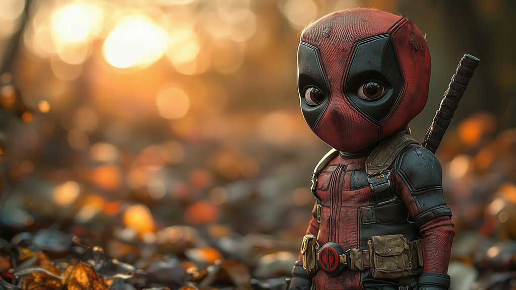 Fond d'écran Chibi Deadpool en 4K Ultra HD montrant un adorable bébé Wade Wilson dans son costume rouge et noir avec un décor de forêt automnale. Parfait pour tous les appareils.
