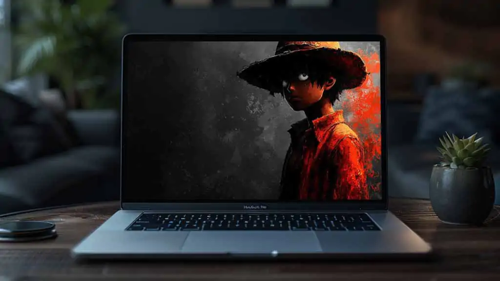 Fond d'écran Monkey D. Luffy 4k avec des yeux brillants et un effet d'éclaboussure rouge, le personnage de One Piece en style noir sur fond noir Gratuit pour Téléphone portable et ordinateur de bureau Pc