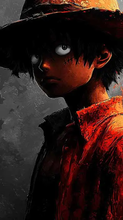 Dark artistic Monkey D. Luffy wallpaper 4k with glowing eyes and red splash effect, One Piece character in noir style against black background Free for Mobile phone and desktop Pc