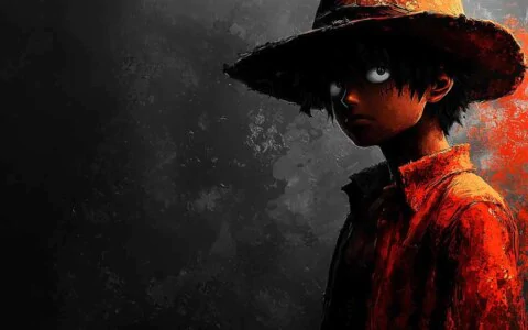 Dark artistic Monkey D. Luffy wallpaper 4k with glowing eyes and red splash effect, One Piece character in noir style against black background Free for Mobile phone and desktop Pc