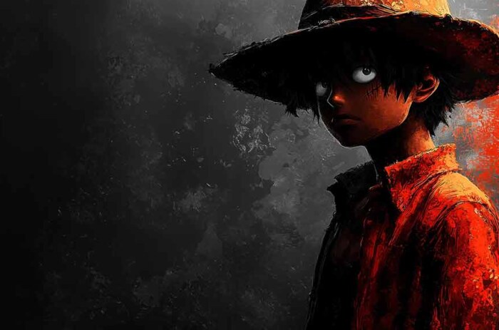 Fond d'écran Monkey D. Luffy 4k avec des yeux brillants et un effet d'éclaboussure rouge, le personnage de One Piece en style noir sur fond noir Gratuit pour Téléphone portable et ordinateur de bureau Pc