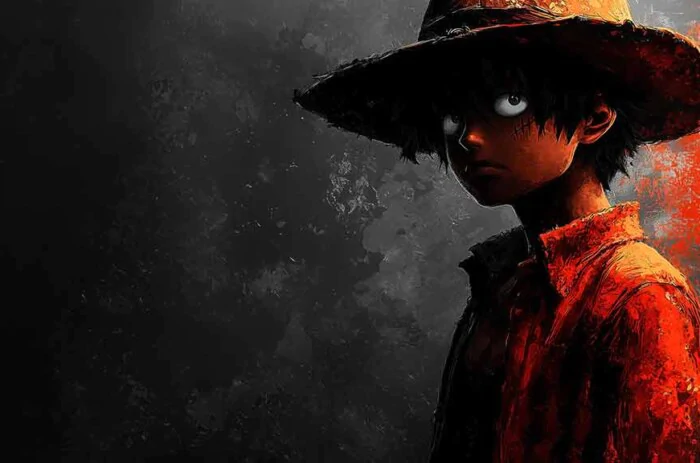 Dark artistic Monkey D. Luffy wallpaper 4k with glowing eyes and red splash effect, One Piece character in noir style against black background Free for Mobile phone and desktop Pc