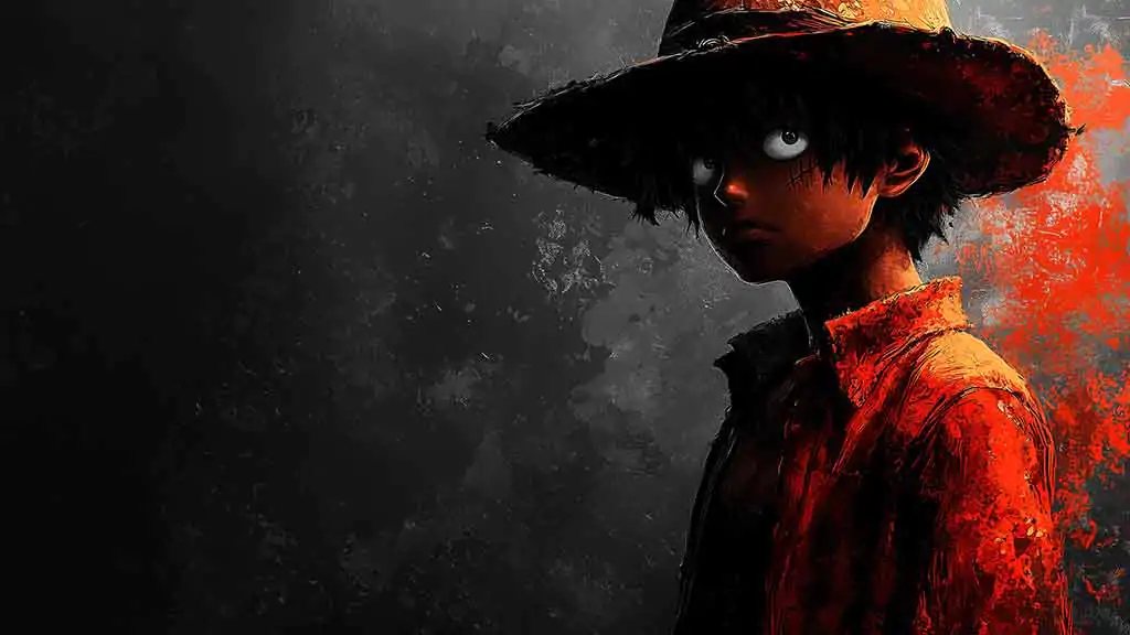 Dark artistic Monkey D. Luffy wallpaper 4k with glowing eyes and red splash effect, One Piece character in noir style against black background Free for Mobile phone and desktop Pc