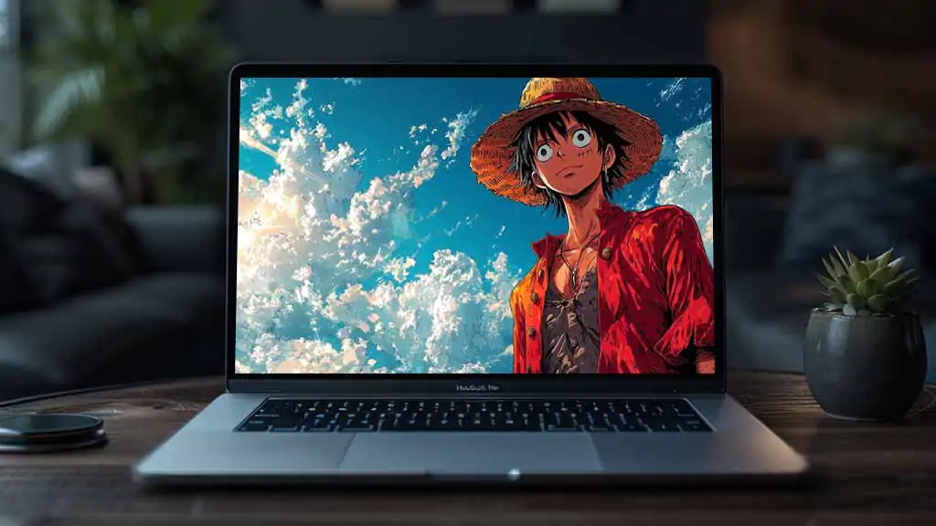 Monkey D. Luffy anime wallpaper 4k with dramatic sky view, featuring red coat and straw hat against cloudy blue background, One Piece manga art free for mobile and Pc