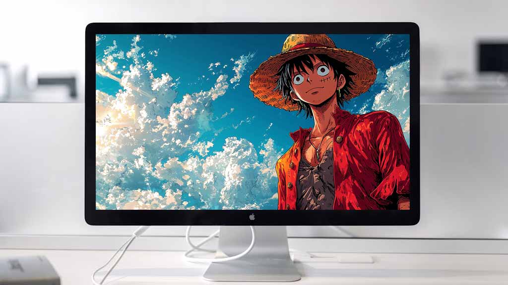 Monkey D. Luffy anime wallpaper 4k with dramatic sky view, featuring red coat and straw hat against cloudy blue background, One Piece manga art free for mobile and Pc