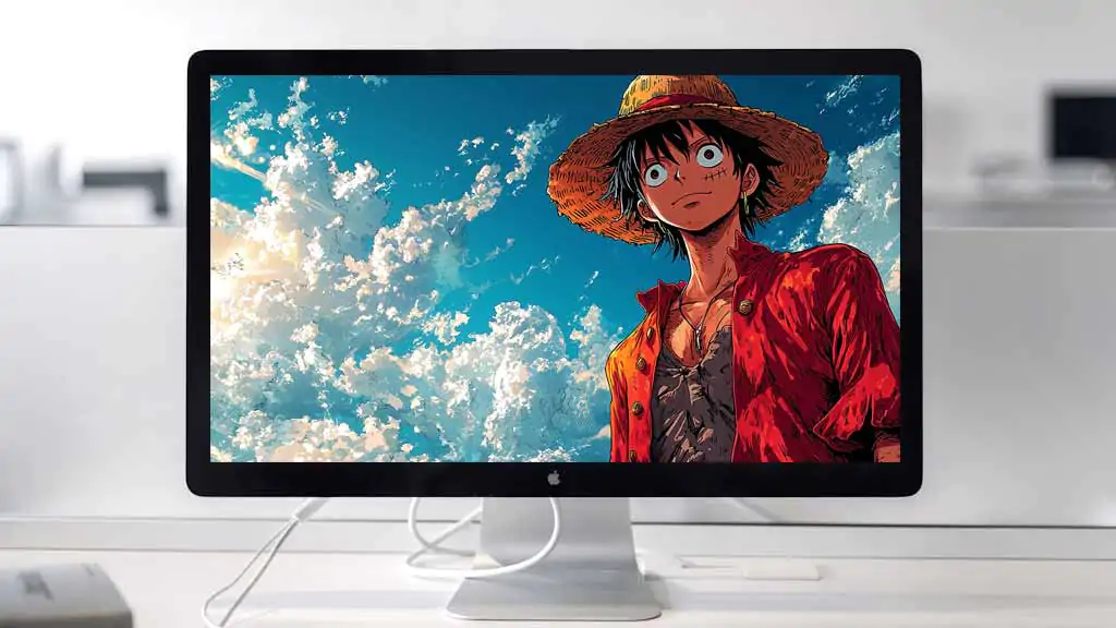 Monkey D. Luffy anime wallpaper 4k with dramatic sky view, featuring red coat and straw hat against cloudy blue background, One Piece manga art free for mobile and Pc