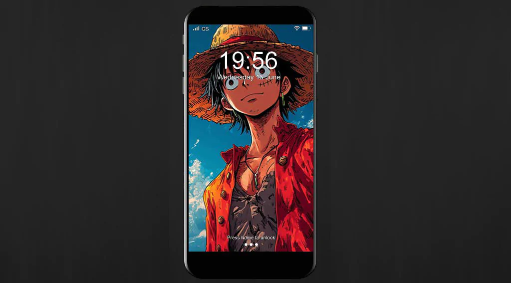 Monkey D. Luffy anime wallpaper 4k with dramatic sky view, featuring red coat and straw hat against cloudy blue background, One Piece manga art free for mobile and Pc