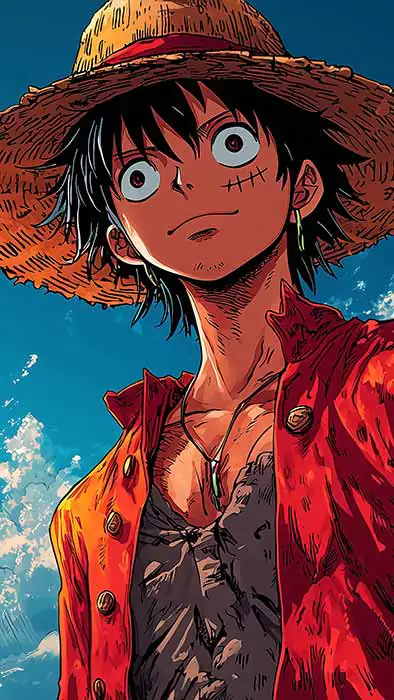 Monkey D. Luffy anime wallpaper 4k with dramatic sky view, featuring red coat and straw hat against cloudy blue background, One Piece manga art free for mobile and Pc