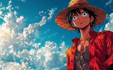 Fond d'écran 4k anime de Monkey D. Luffy avec vue dramatique du ciel, mettant en scène un manteau rouge et un chapeau de paille sur fond bleu nuageux, art manga One Piece gratuit pour mobile et PC
