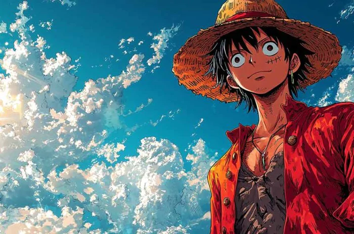 Fond d'écran 4k anime de Monkey D. Luffy avec vue dramatique du ciel, mettant en scène un manteau rouge et un chapeau de paille sur fond bleu nuageux, art manga One Piece gratuit pour mobile et PC