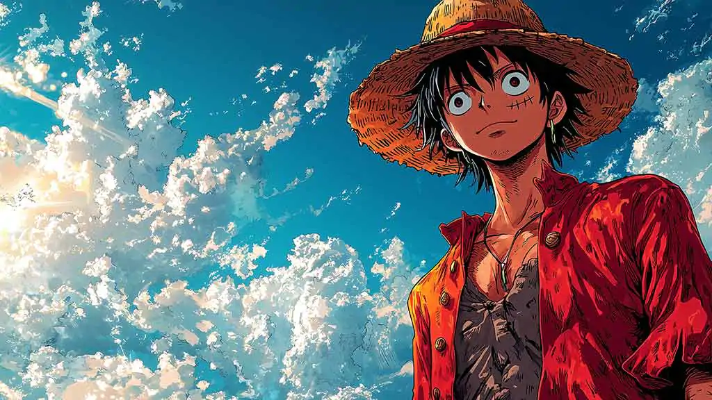 Fond d'écran 4k anime de Monkey D. Luffy avec vue dramatique du ciel, mettant en scène un manteau rouge et un chapeau de paille sur fond bleu nuageux, art manga One Piece gratuit pour mobile et PC