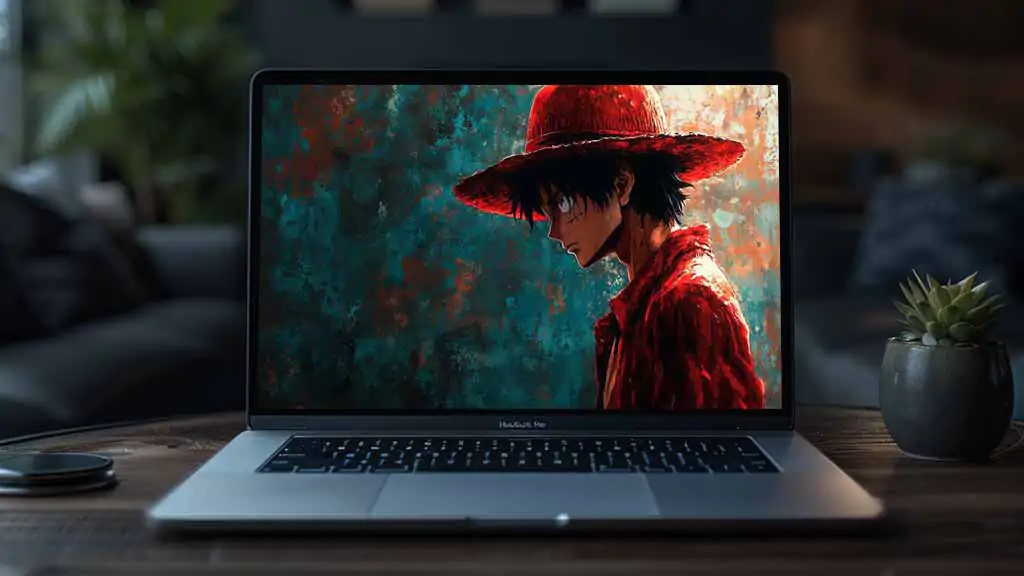 Fond d'écran artistique 4k de Monkey D. Luffy avec chapeau et manteau rouge sur fond turquoise, One Piece Background free for pc & mobile phone and iphone