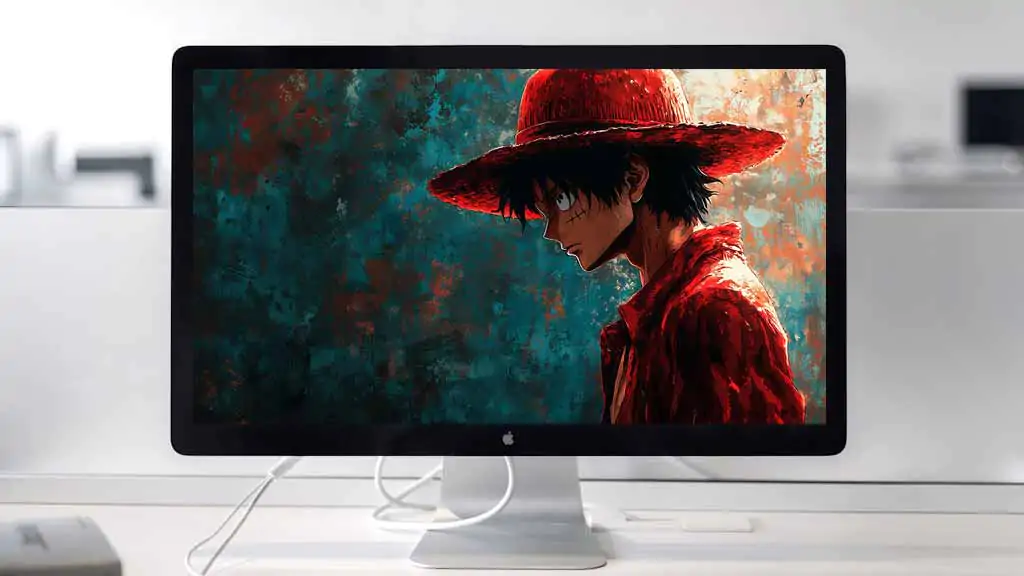 Fond d'écran artistique 4k de Monkey D. Luffy avec chapeau et manteau rouge sur fond turquoise, One Piece Background free for pc & mobile phone and iphone