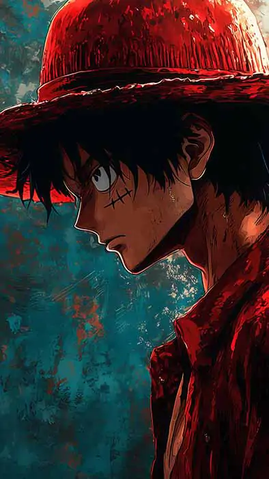 Fond d'écran artistique 4k de Monkey D. Luffy avec chapeau et manteau rouge sur fond turquoise, One Piece Background free for pc & mobile phone and iphone